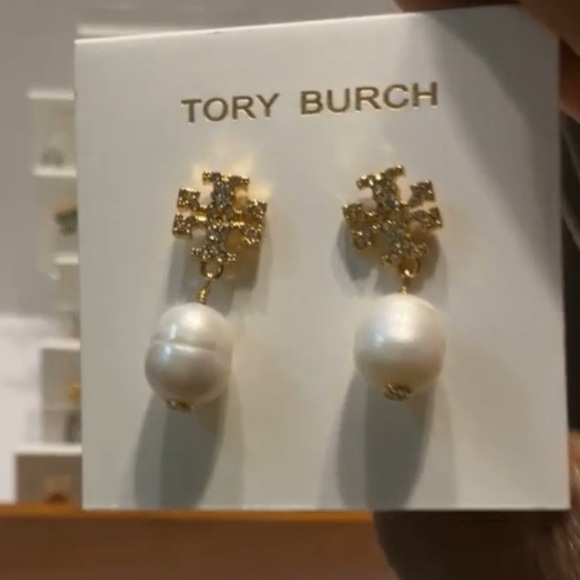 Nwt Tory Burch crystal Gold and Pearl Drop Earrings - Picture 2 of 2